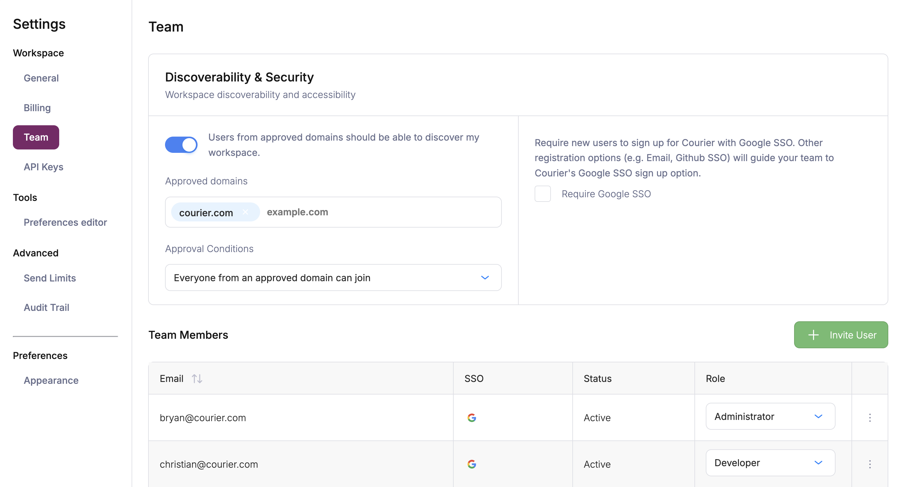 Team settings page with Invite User button