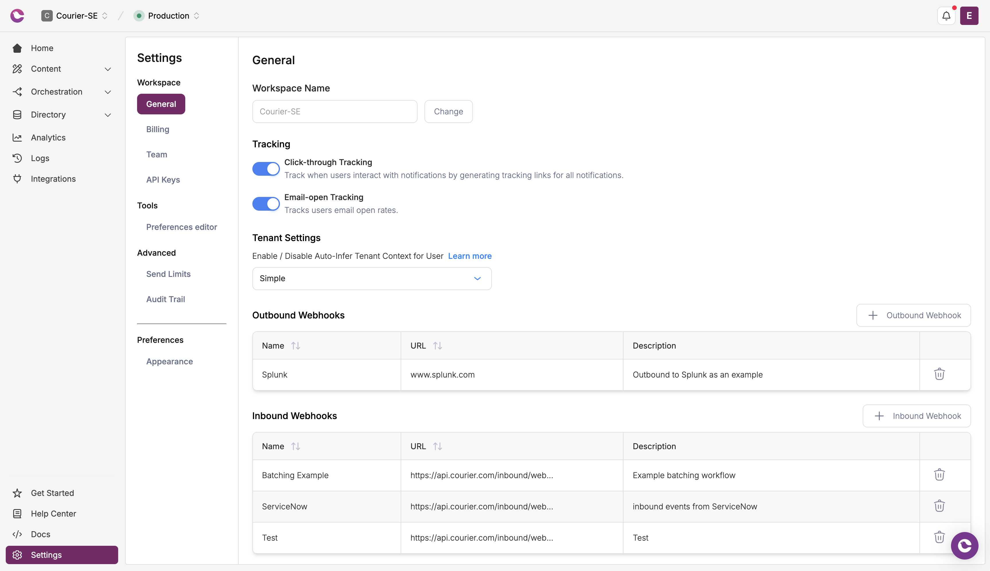 Workspace General Settings page showing tracking toggles, tenant settings, and webhooks