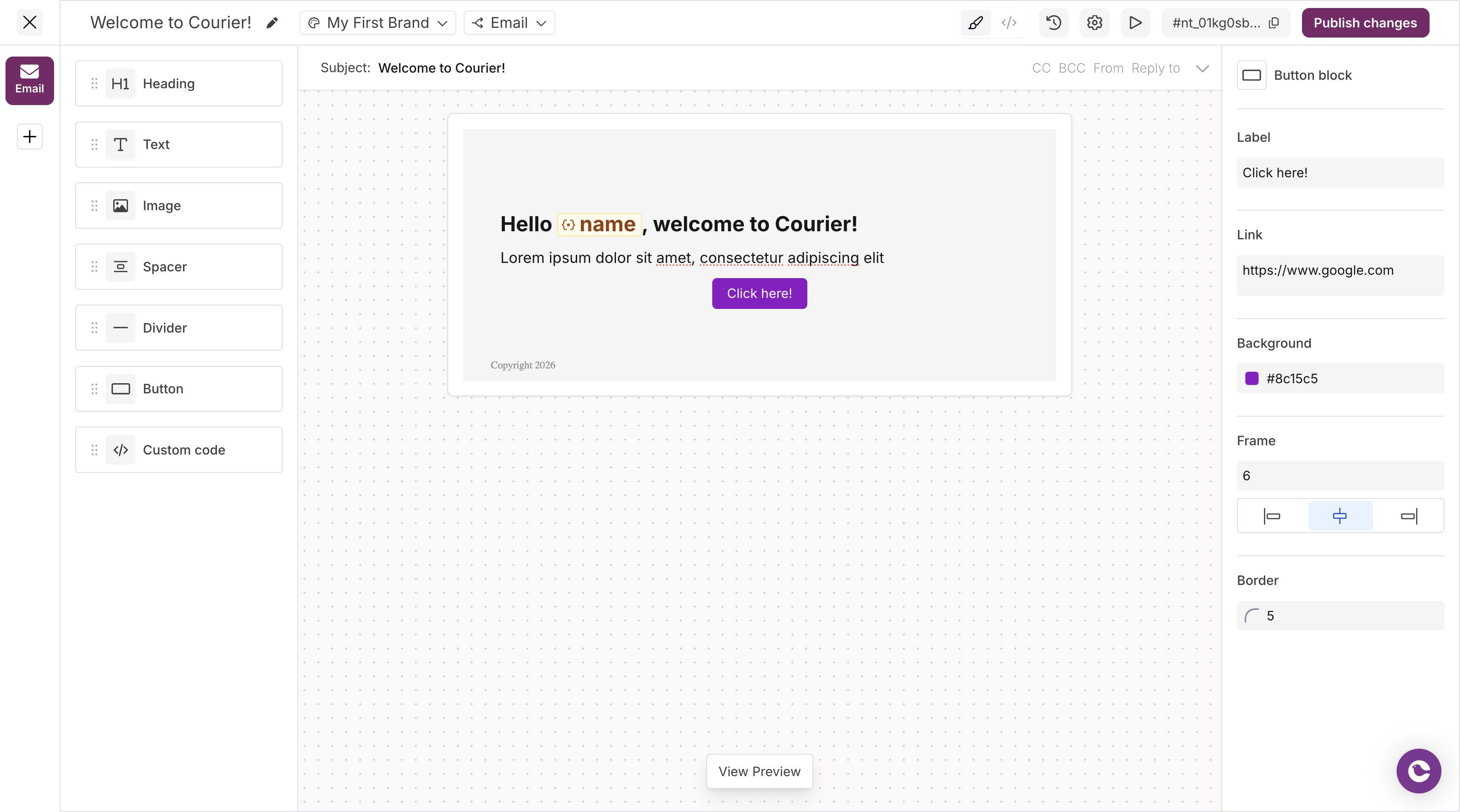 Template Designer showing drag-and-drop blocks