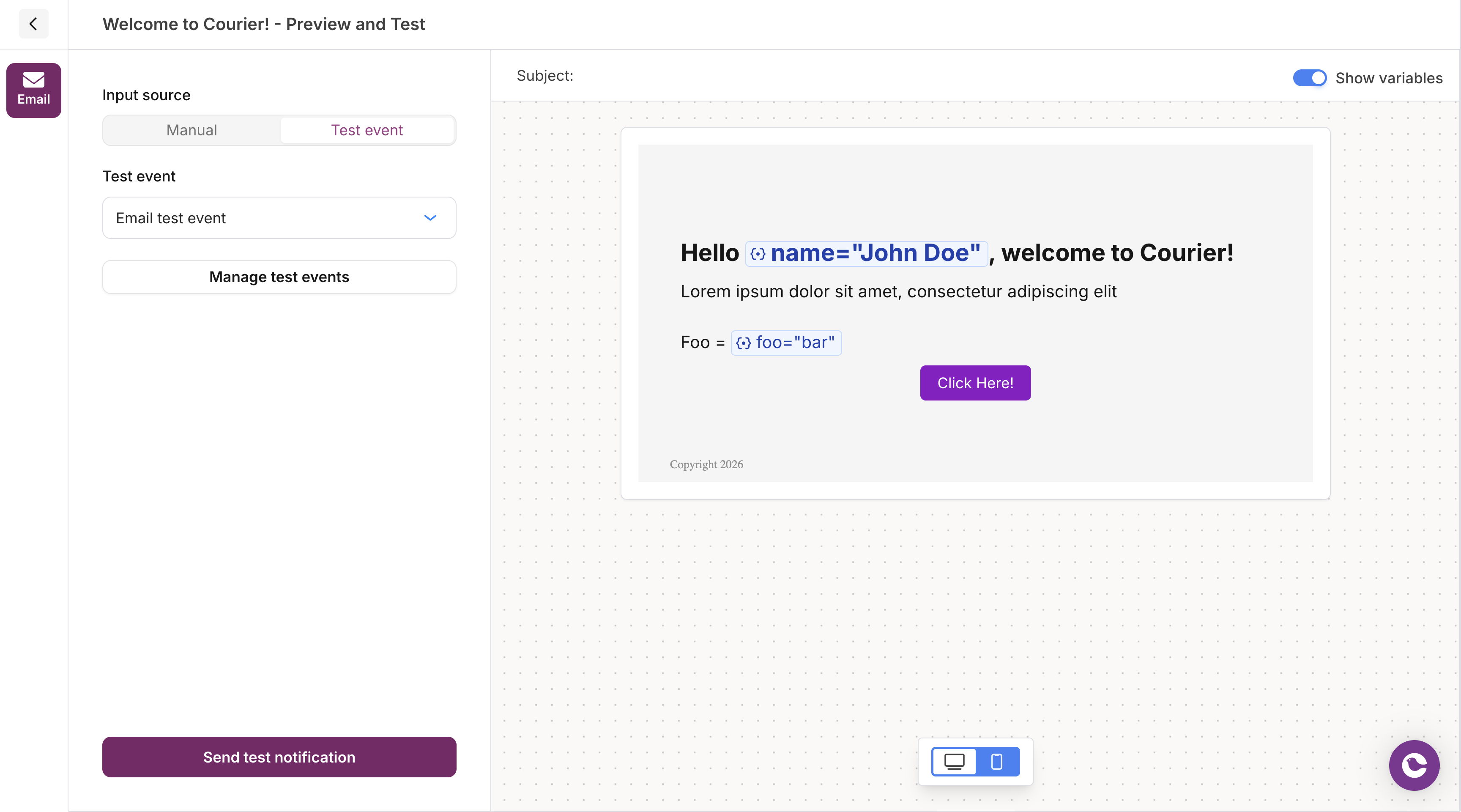 Test event mode showing event dropdown and preview