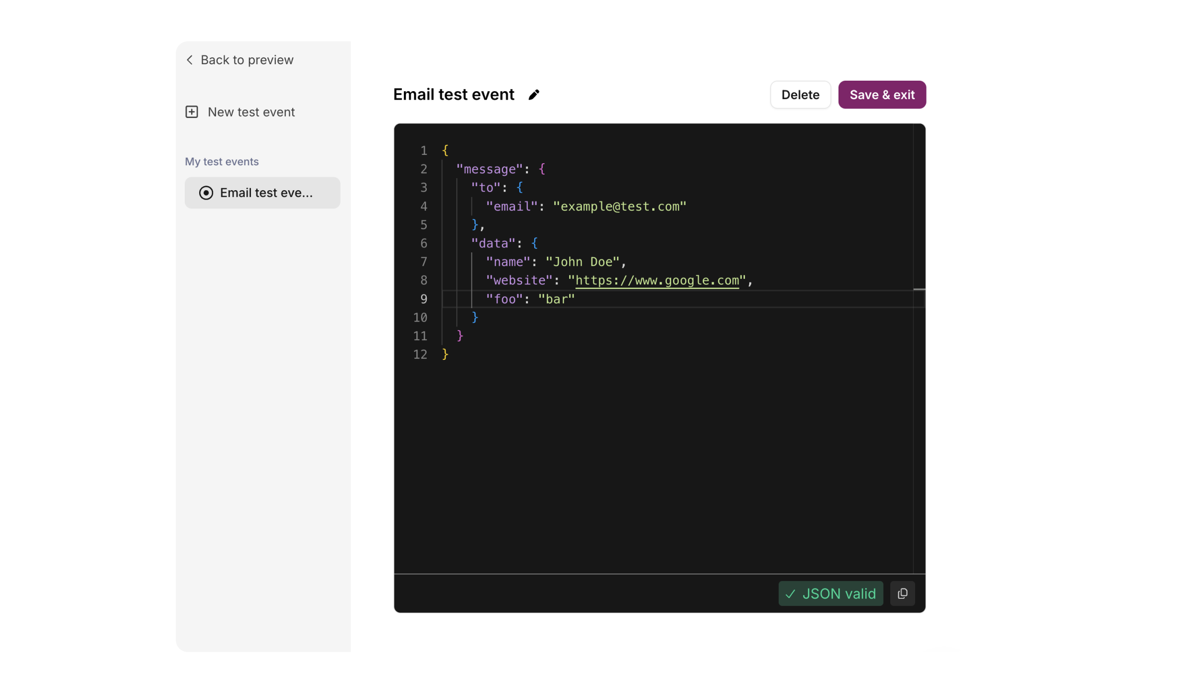 Test event modal with Monaco JSON editor