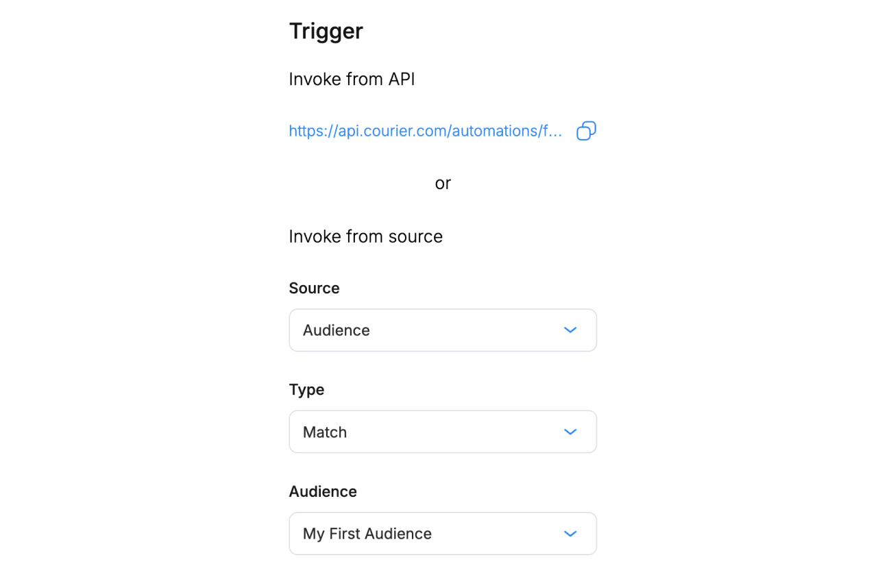 Audience trigger configuration showing Source, Type, and Audience fields