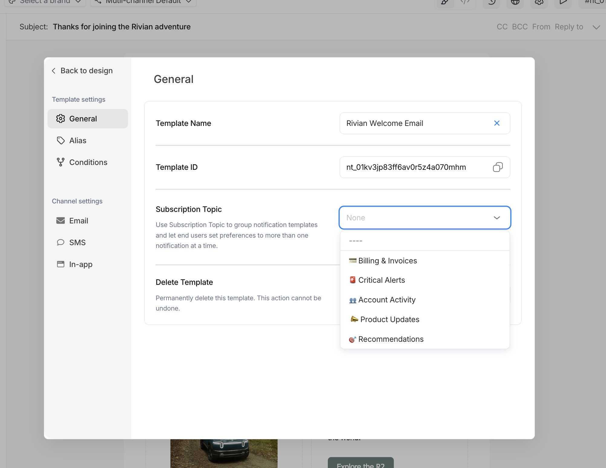 Assigning a subscription topic to a template in Courier Design Studio