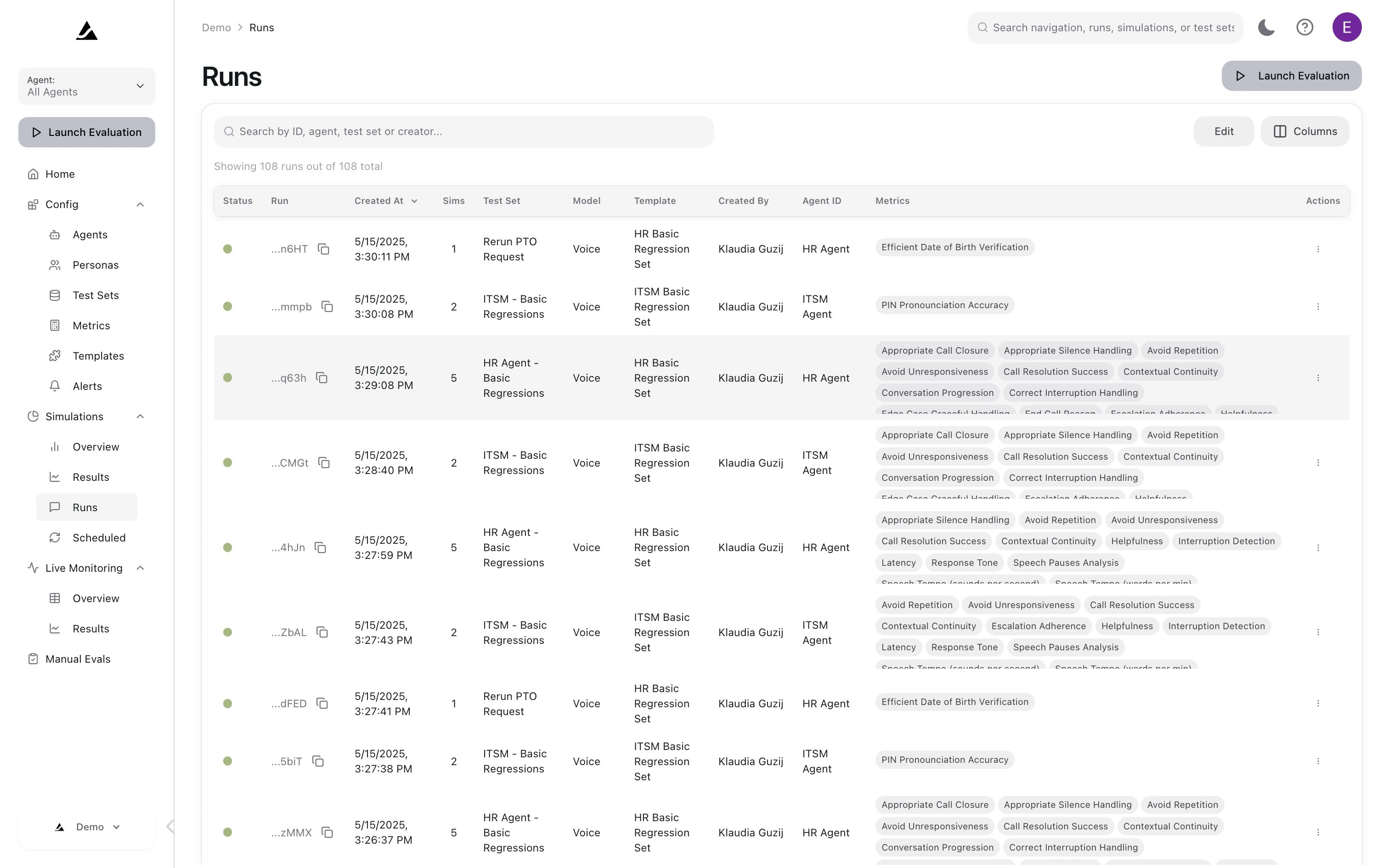 Runs Page