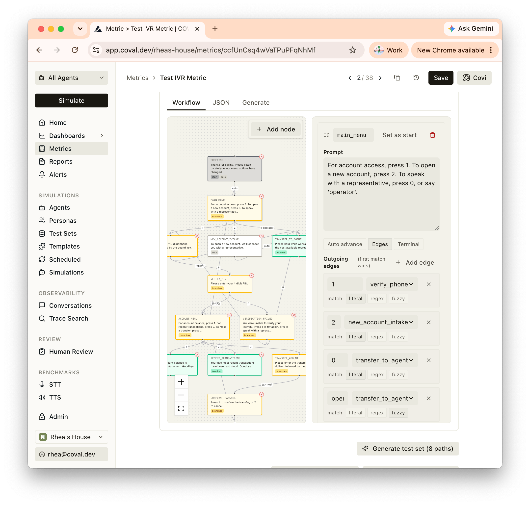 The IVR Flow Adherence metric editor showing a bank IVR: a Workflow canvas with a greeting node flowing into a main menu that branches to account access, new account, and transfer-to-agent paths; the selected node's outgoing edges (press 1, 2, 0, or say 'operator') with literal/regex/fuzzy match types; and a 'Generate test set (8 paths)' button.