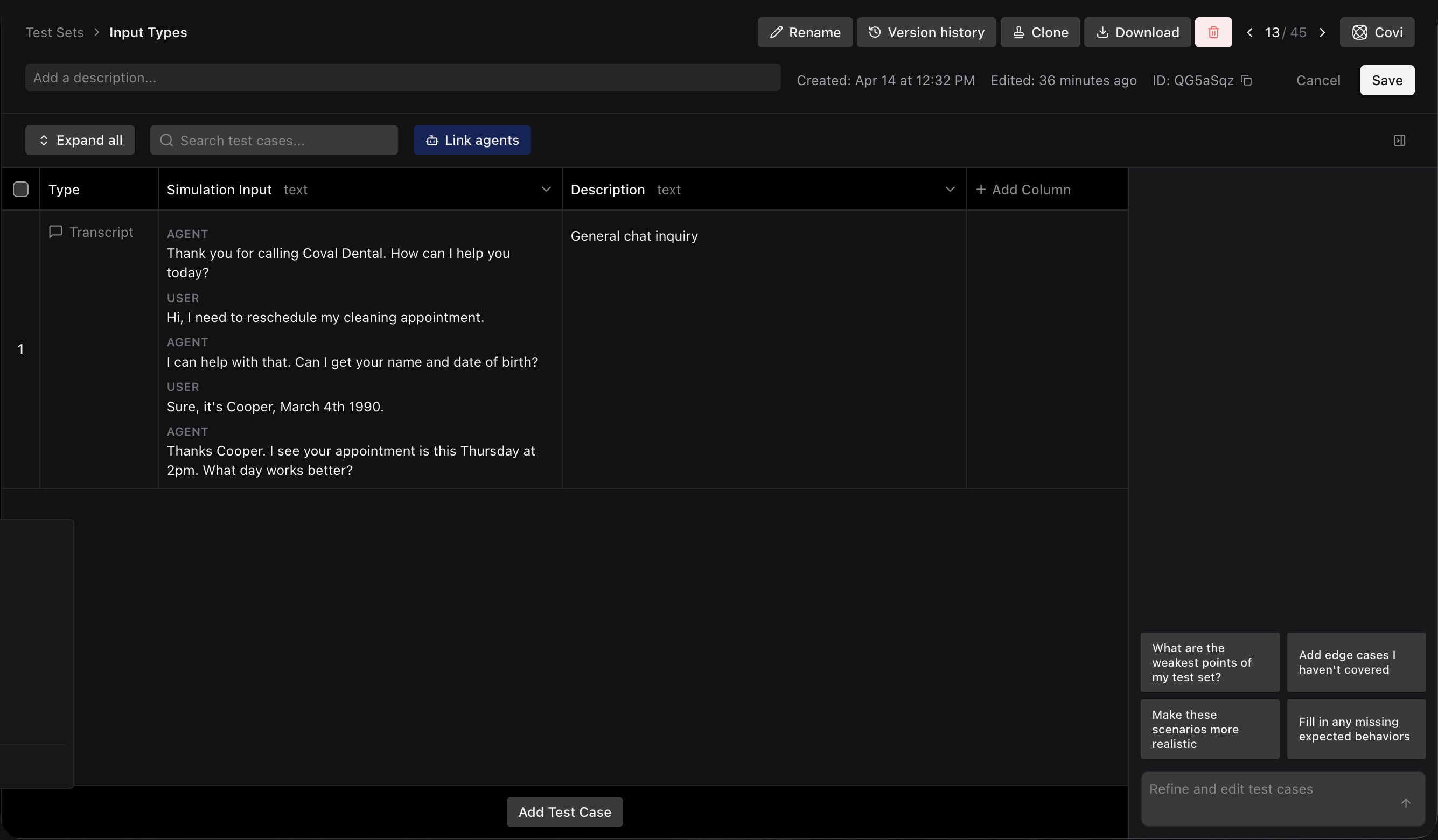 A saved Transcript test case shown as a readable conversation