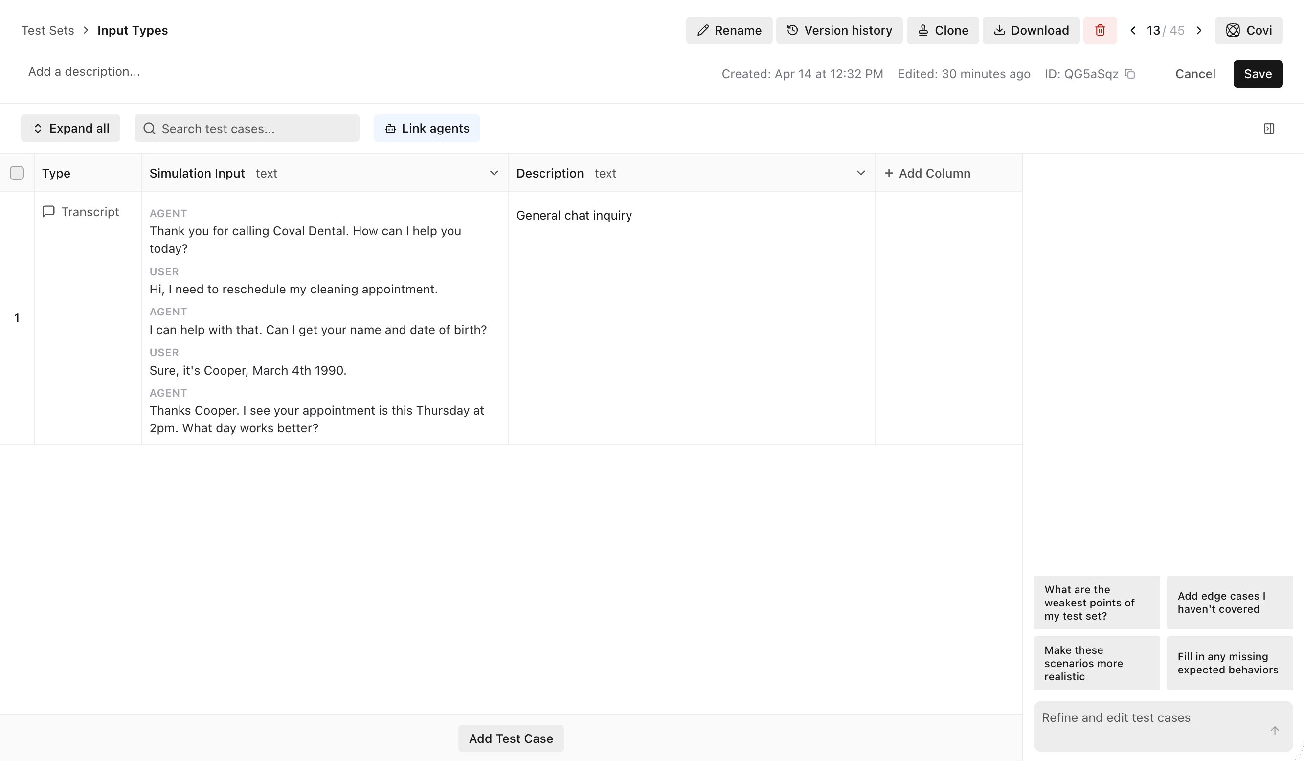 A saved Transcript test case shown as a readable conversation