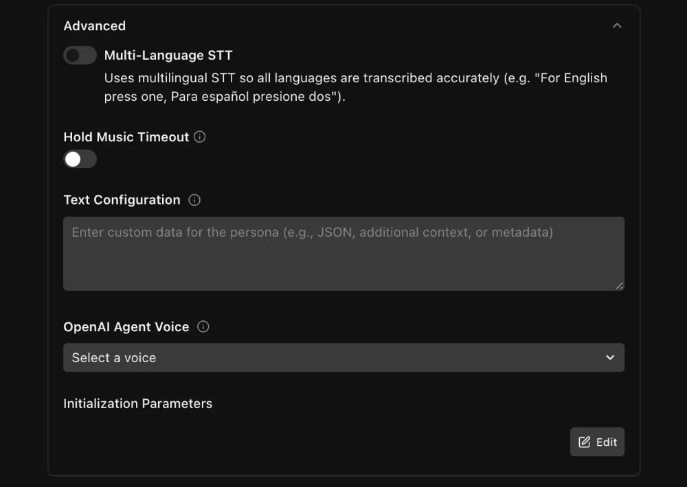 Advanced persona settings — multi-language STT, hold music timeout, text configuration, and agent voice