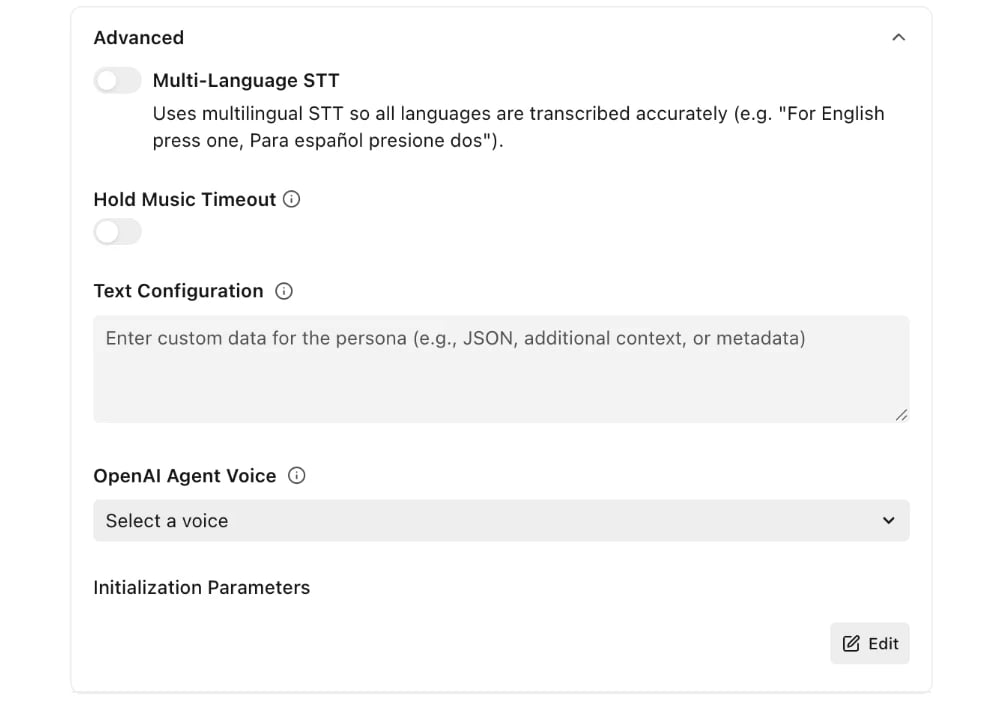 Advanced persona settings — multi-language STT, hold music timeout, text configuration, and agent voice