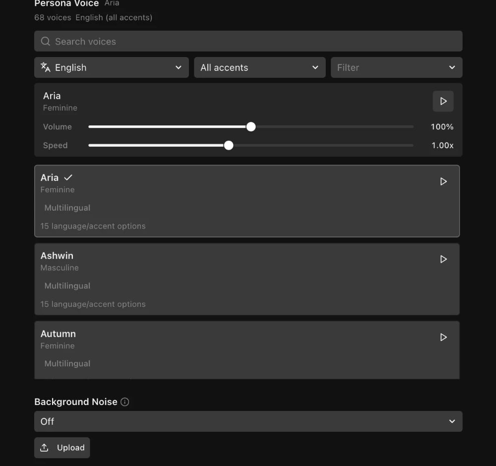 Persona voice, language and accent, and background noise settings