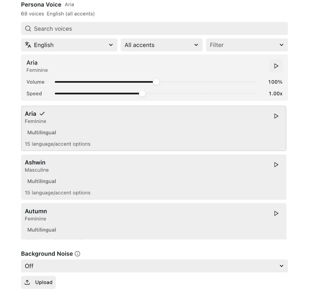 Persona voice, language and accent, and background noise settings