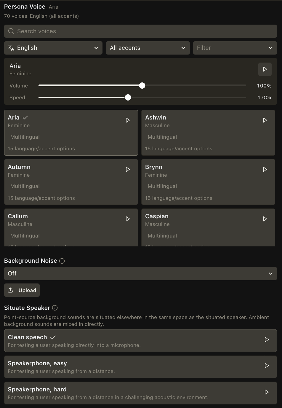 Persona voice, language and accent, and background noise settings