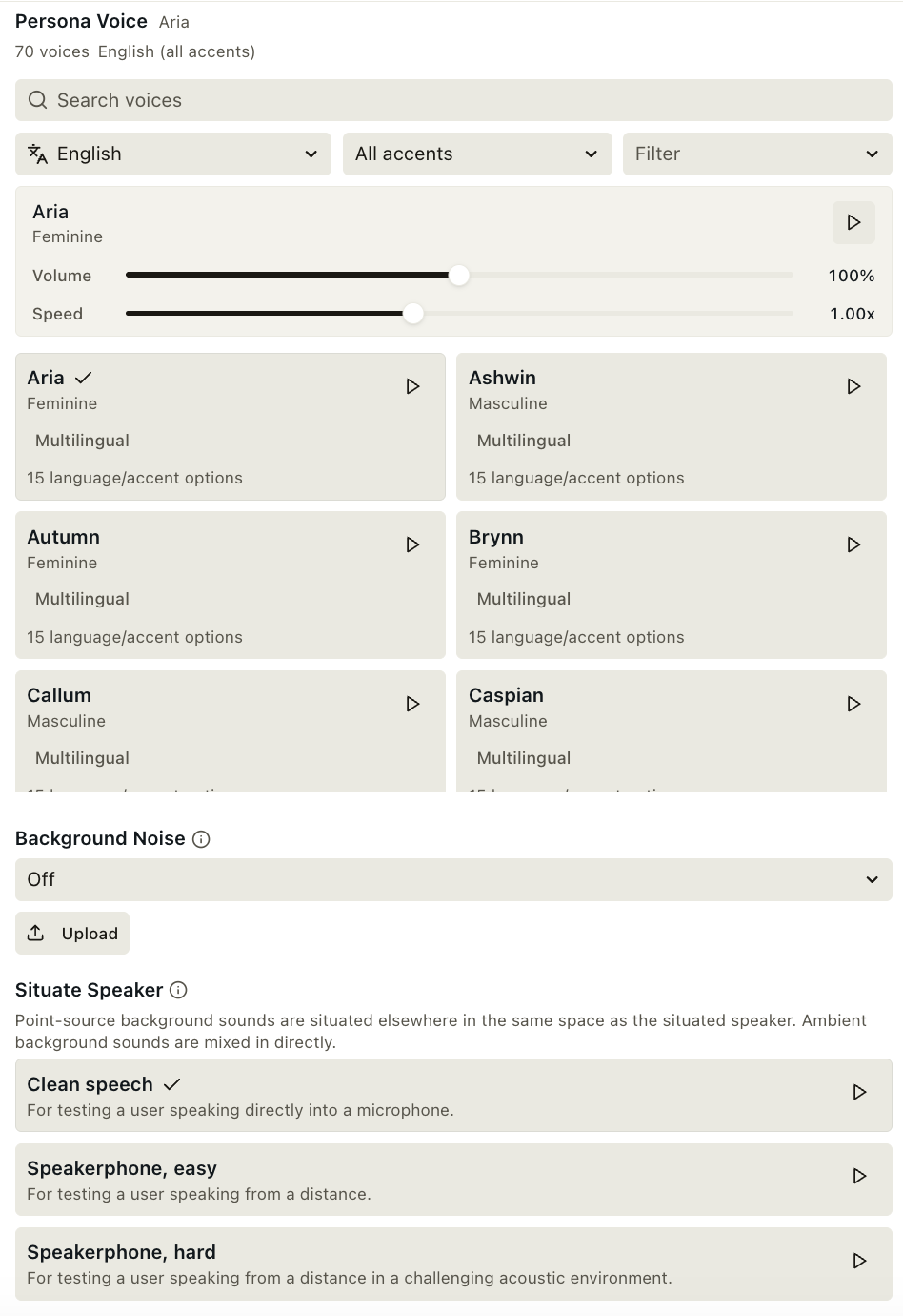 Persona voice, language and accent, and background noise settings