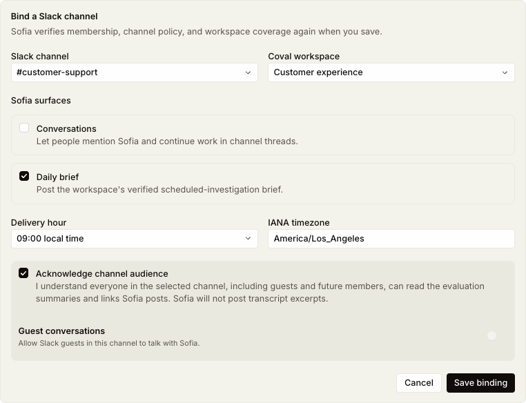 Sofia Slack channel binding configured for a daily brief at 09:00 America/Los_Angeles