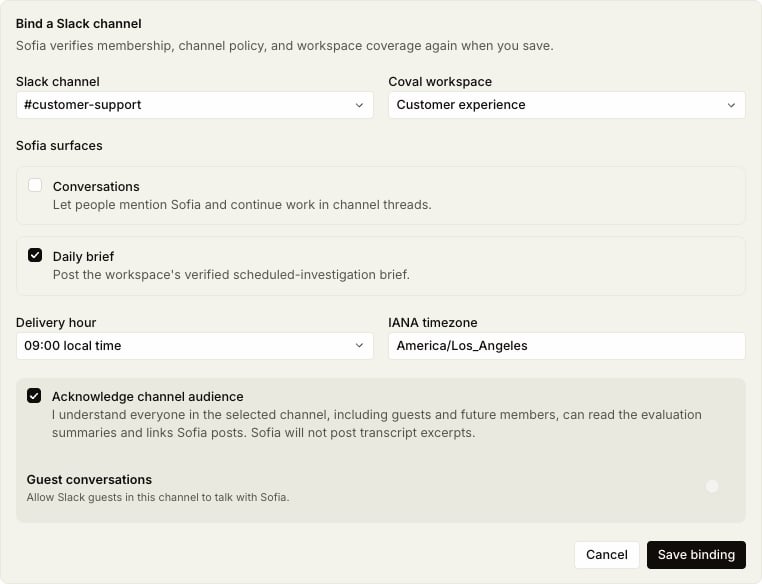 Sofia Slack channel binding configured for a daily brief at 09:00 America/Los_Angeles