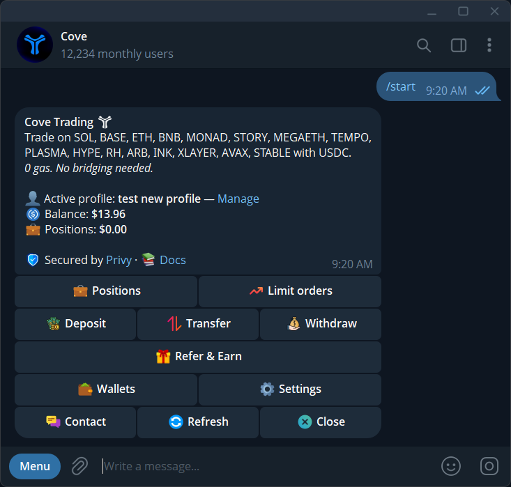 An earlier Cove main menu showing trading networks before Arc was added.