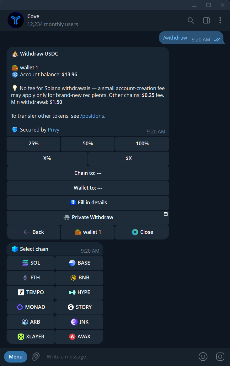 The network picker for a withdrawal; available destinations are shown here.