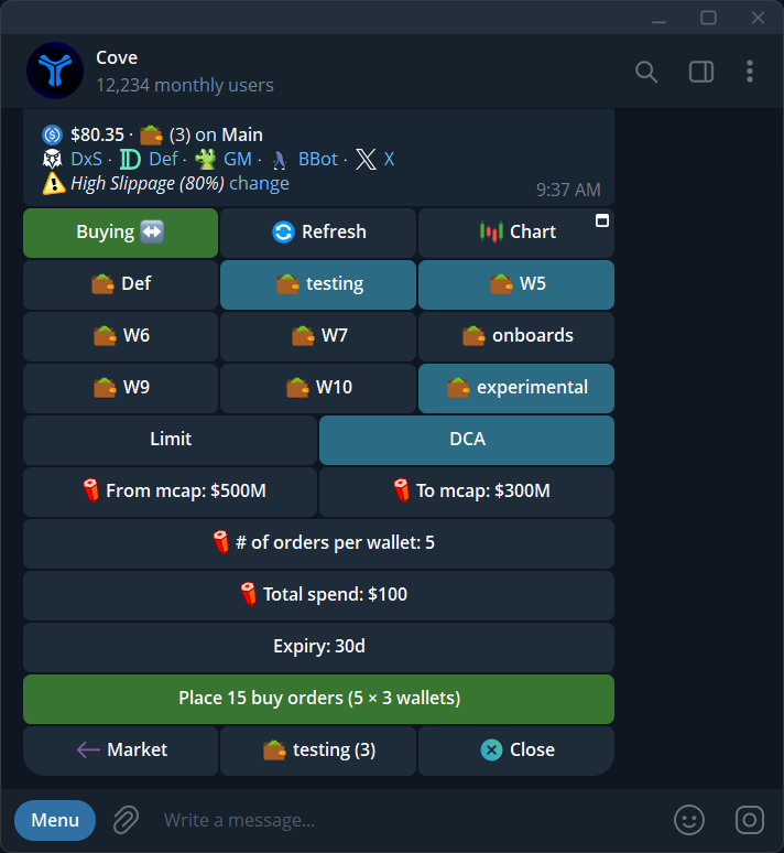 Example buy ladder: market-cap range, orders per wallet, total budget, and expiry.