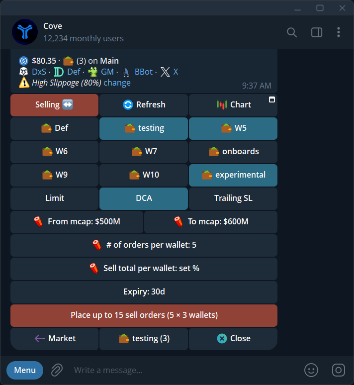 Sell-ladder setup: choose the range, order count, and total percentage to sell.