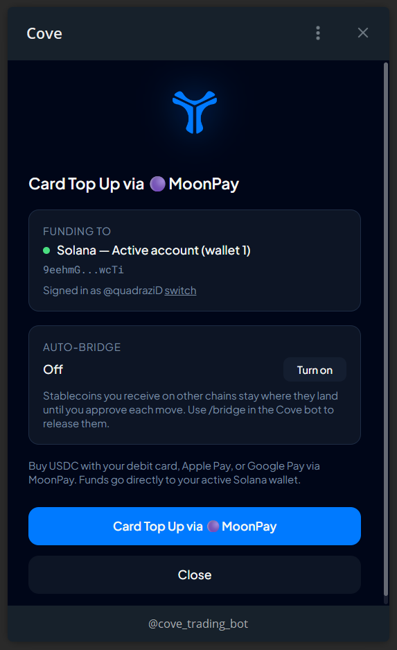 The Deposit Mini App with wallet selection, card top-up, and auto-bridge controls.