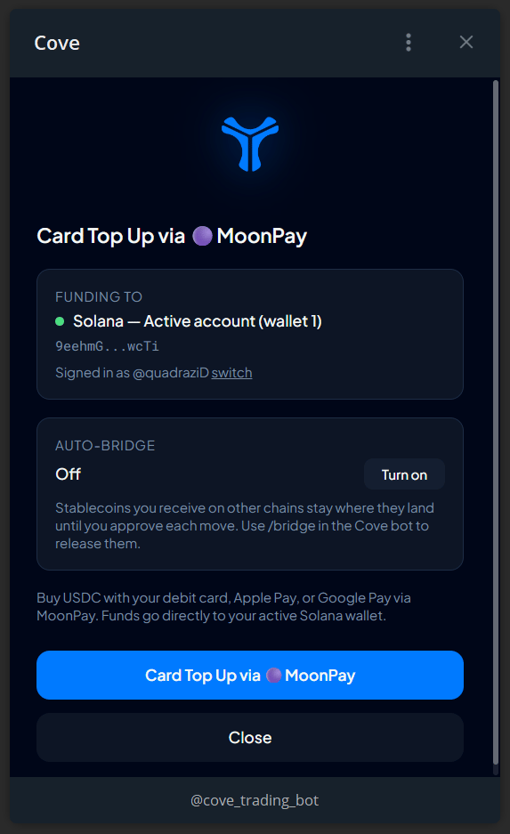 The Deposit Mini App with wallet selection, card top-up, and auto-bridge controls.