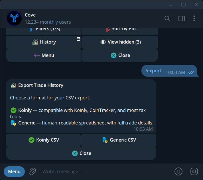 Choose Koinly CSV or Generic CSV to export your trading data.