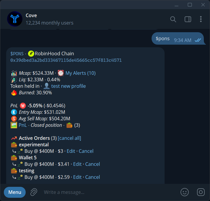 Active limit buys shown on the token panel, with wallet, target, spend, Edit, and Cancel.