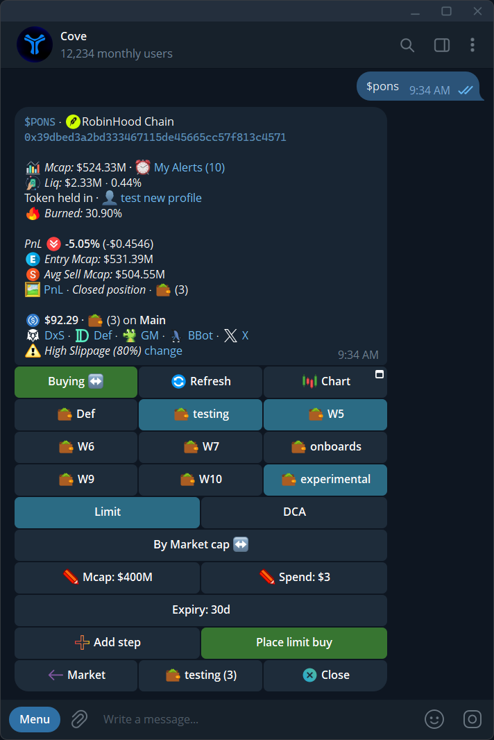 A limit-buy form with target, spend, expiry, and selected wallets.