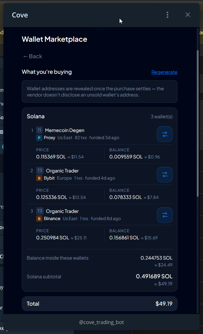 Selected marketplace wallets and the displayed total; payment controls are further below.