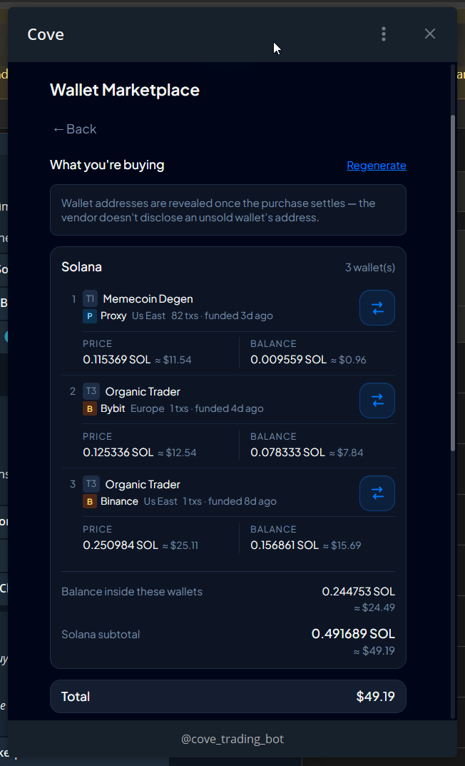 Selected marketplace wallets and the displayed total; payment controls are further below.