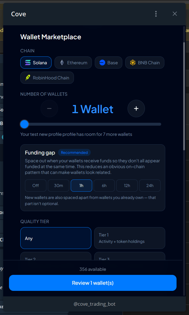 Marketplace filters for chain, quantity, funding gap, and quality.