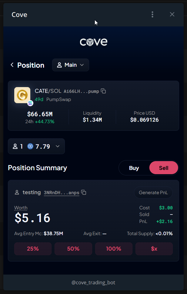A token's position details and trading controls in the Mini App.