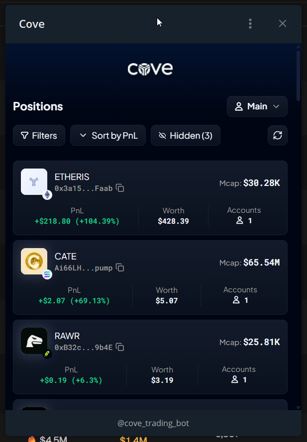 The Positions Mini App with profile, filters, sorting, and hidden positions.