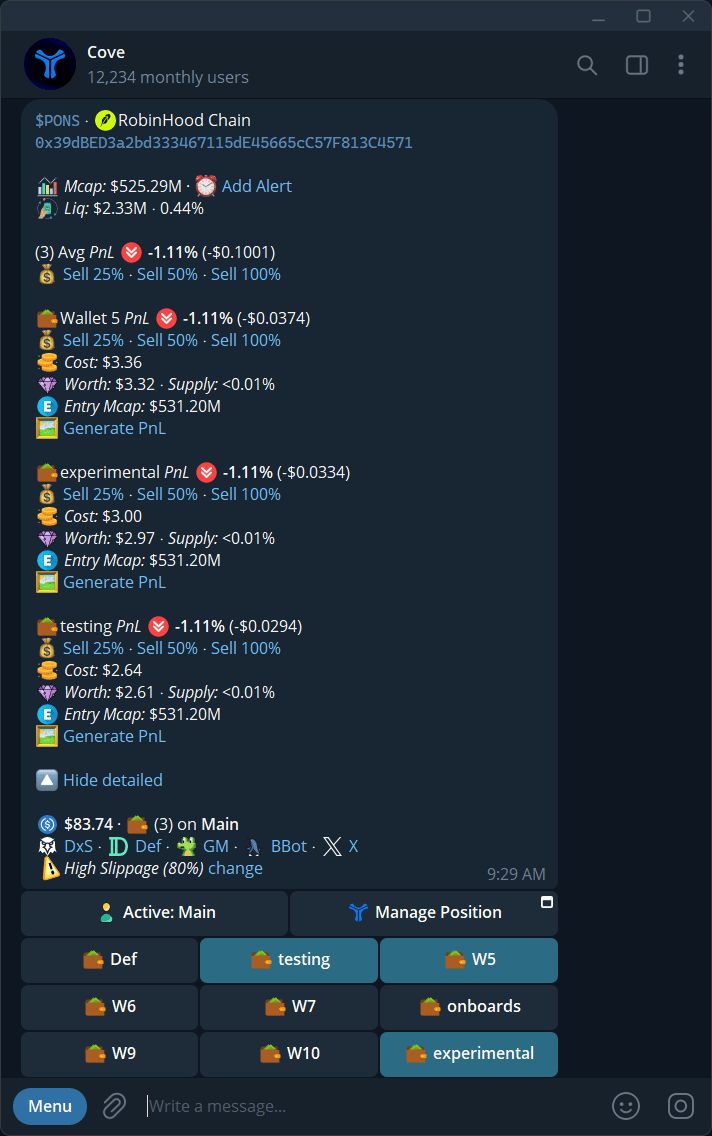 Expanded token holdings showing each wallet's position and performance.