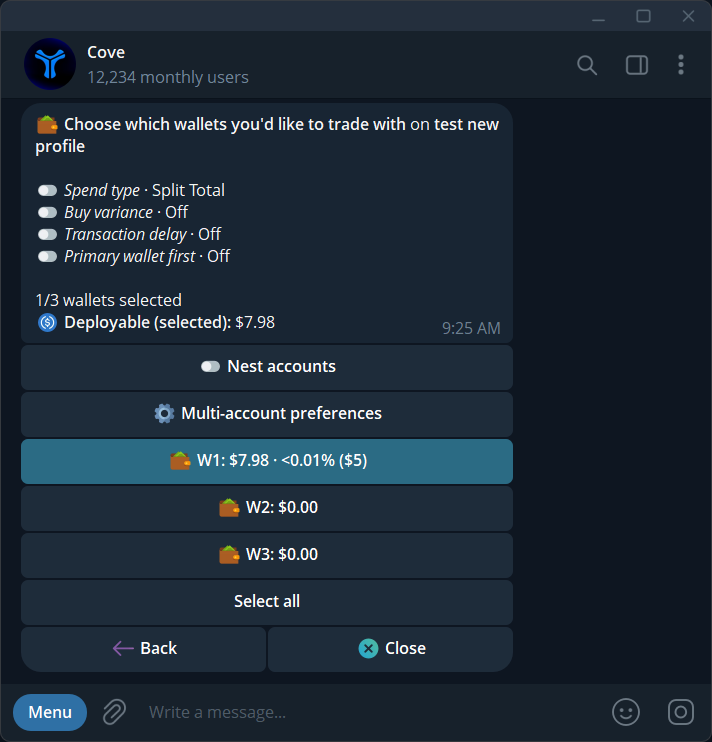 Multi-account settings for spend type, variance, transaction delay, and wallet priority.