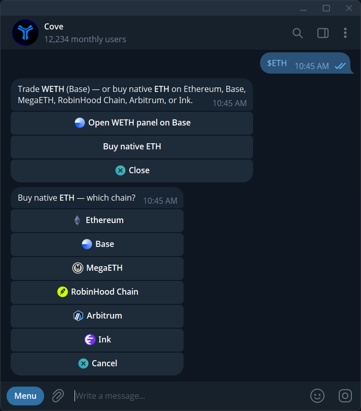 Cove chat showing the $ETH message, Buy native ETH button, and available networks.