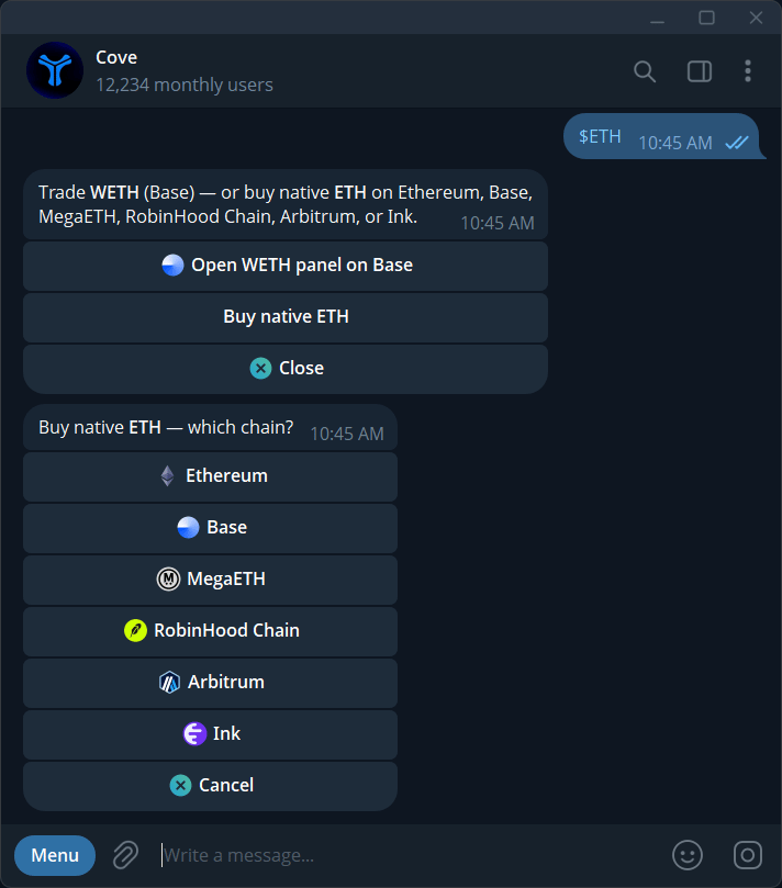 Cove chat showing the $ETH message, Buy native ETH button, and available networks.