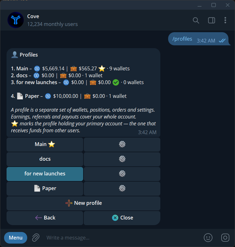 The Profiles menu shows balances, wallet counts, and the active profile.