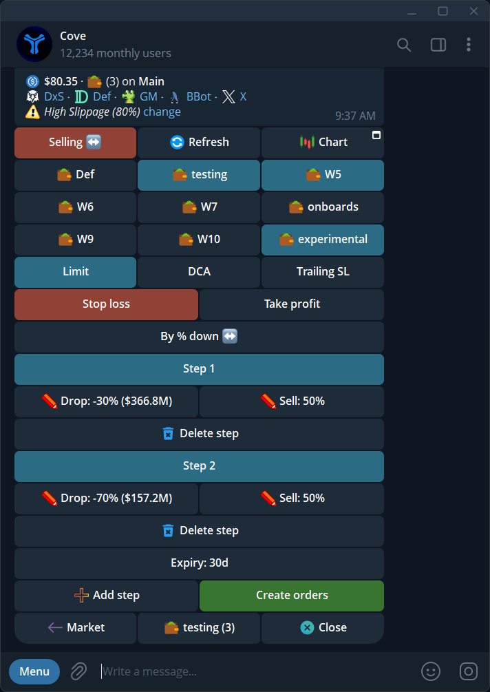 An example two-step stop-loss setup with sell percentages and expiry.