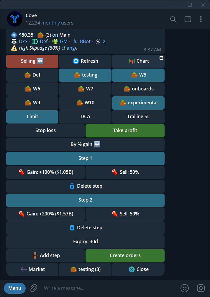 An example two-step take-profit setup with sell percentages and expiry.