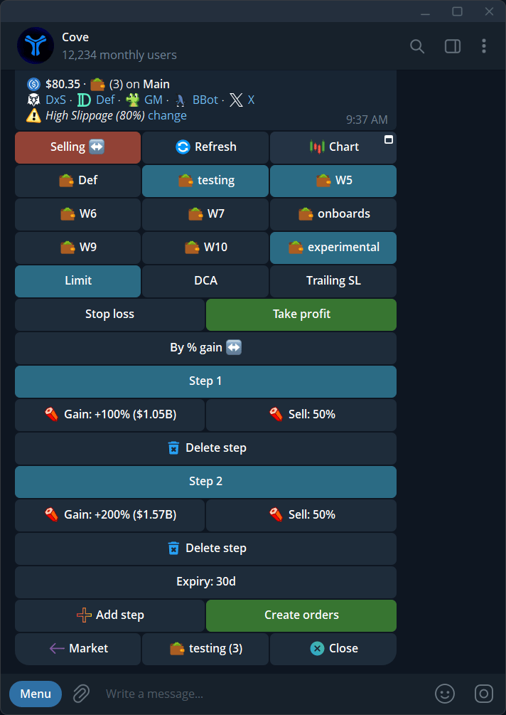 An example two-step take-profit setup with sell percentages and expiry.