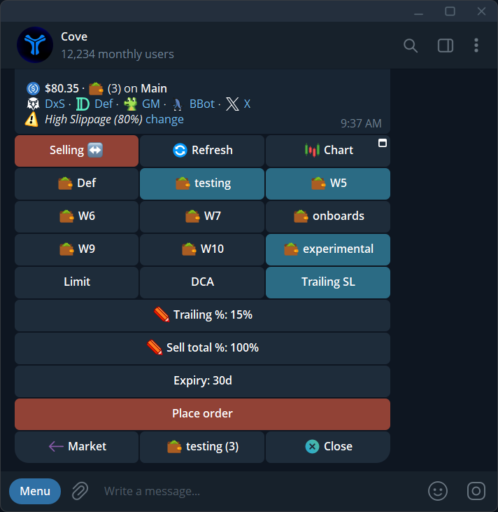 Trailing-stop setup with trailing percentage, total sell size, and expiry.