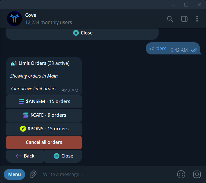 The profile-scoped order list; open a token to inspect its orders.