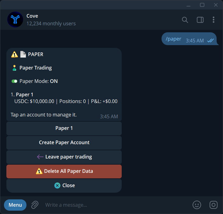 Paper trading mode with a virtual balance and paper-account controls.