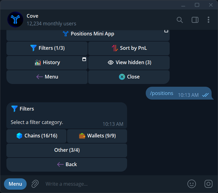 Choose a filter category: Chains, Wallets, or Other.