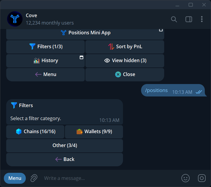 Choose a filter category: Chains, Wallets, or Other.