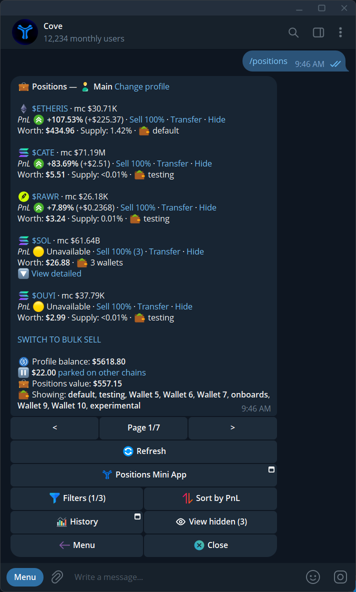 The Telegram /positions list with token holdings, Worth, PnL, and Refresh.