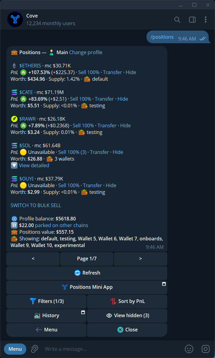 The Telegram /positions list with token holdings, Worth, PnL, and Refresh.