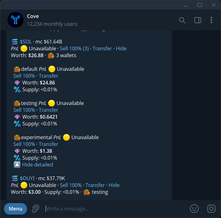 Detailed view of one token's holdings across wallets, with sell and transfer links.