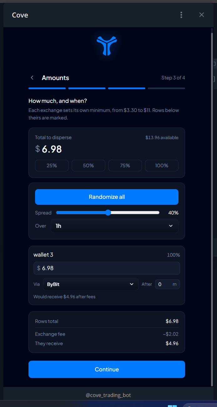 Step 3: set the total, recipient allocations, exchanges, and delays before the final review.